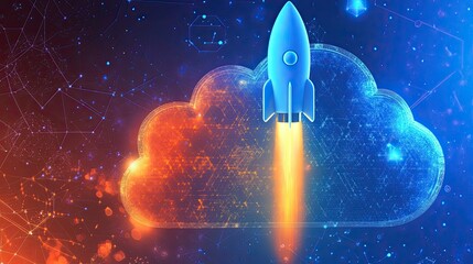 Poster - Futuristic Rocket Launching from a Cloud, Representing Innovation, Technology, and Digital Transformation in a Vivid Cosmic Background