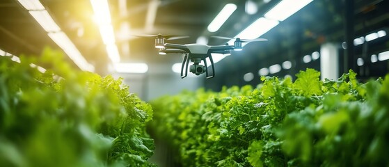 Poster - Drone delivering nutrients to green crops in a futuristic smart farm, solar panels powering the facility, lush vegetation, vivid ecofriendly aesthetics, ultradetailed, 8K