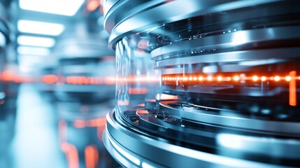 Aufkleber - Futuristic glass and metal cylinder rotating with orange lights in a technological environment