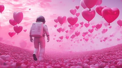 Poster - An astronaut walks through a vibrant pink landscape, surrounded by floating heart-shaped balloons.