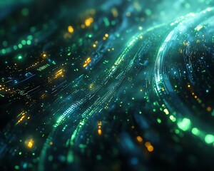 Aufkleber - Futuristic global network infrastructure with interconnected data streams, glowing digital nodes, vibrant blue and green light effects, ultradetailed, photorealistic, 8K