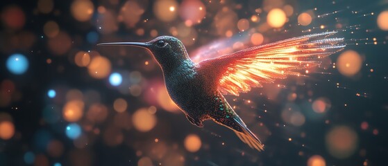 Fototapete - Futuristic hummingbird flying through a world of digital light streams and fractals, creative AIgenerated art, ultradetailed, photorealistic, 8K