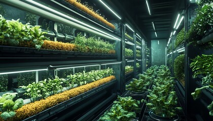 Poster - Futuristic smart farm with IoT devices monitoring crops, vertical gardens glowing under controlled lighting, ultramodern ecoagriculture design, photorealistic, 8K