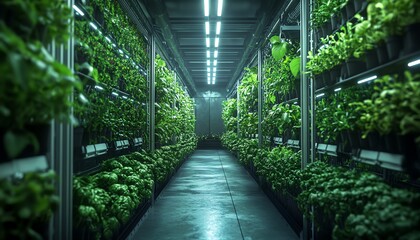 Poster - Futuristic smart farm with IoT devices monitoring crops, vertical gardens glowing under controlled lighting, ultramodern ecoagriculture design, photorealistic, 8K