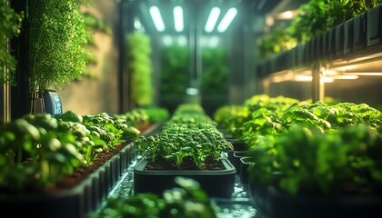 Poster - Futuristic smart farm with IoT devices monitoring crops, vertical gardens glowing under controlled lighting, ultramodern ecoagriculture design, photorealistic, 8K