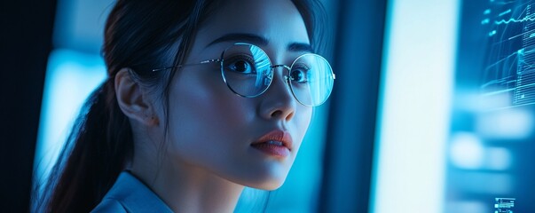 Poster - Businesswoman analyzing data on futuristic transparent screen in office at night
