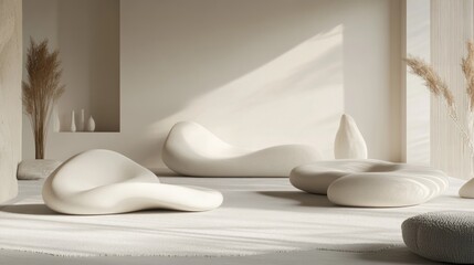 Poster - A minimalist interior featuring organic-shaped furniture and soft lighting.