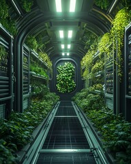 Poster - Lush green smart farm with fully automated machinery, advanced tech monitoring systems, glowing energyefficient LEDs, futuristic ecoagriculture, ultradetailed, photorealistic, 8K