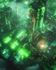 Poster - Lush green smart farm with fully automated machinery, advanced tech monitoring systems, glowing energyefficient LEDs, futuristic ecoagriculture, ultradetailed, photorealistic, 8K