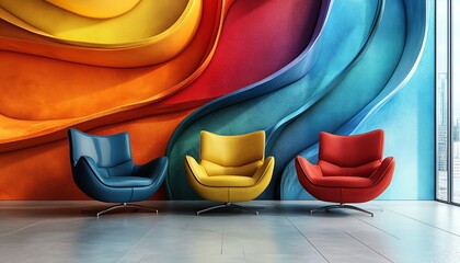Poster - Modern colorful chairs contrasting with an abstract wall of radiant colors and swirling shapes, artistic design, ultrarealistic, 8K