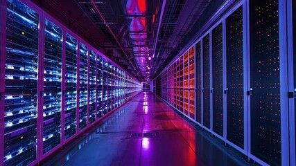 Aufkleber - modern server room corridor with flashing led lights illuminating the aisles of a datacenter, creati
