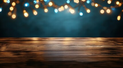 Wall Mural - holidays, new year and celebration concept - close up of empty wooden surface or table over christma