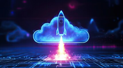 Poster - Digital Rocket Launching from Cloud Symbol in Neon Colors with Abstract Background Illustrating Innovative Technology and Future Concepts
