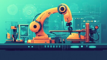 Poster - Machine work abstract concept vector illustration set. Robotics construction, collaborative artificial intelligence, remotely operated robots, factory automation, human control abstract metaphor.