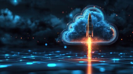 Poster - Futuristic Cloud Computing Concept Featuring a Rocket Launching from a Cloud with Digital Particles and Vivid Backgrounds in a High-Tech Environment