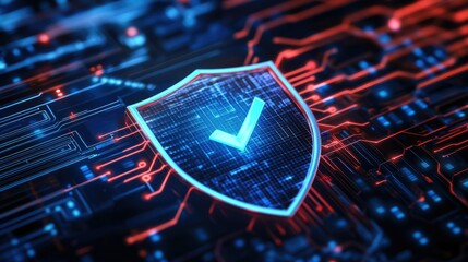 Poster - Digital Shield with Checkmark Symbol on Circuit Board Background Representing Cyber Security and Data Protection Concepts in Modern Technology