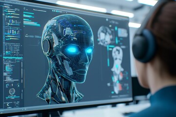 Poster - A game designer in the office writes a project and develops a 3D character for an online computer program.
