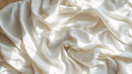 Poster - White silk or satin drapery lying on wooden floor with sunlight creating shadows