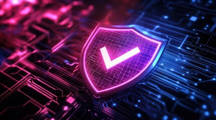 Poster - Futuristic Digital Security Shield with Neon Lights Representing Protection and Verification in a High-Tech Cyber Environment