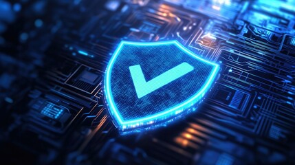 Poster - Futuristic Digital Shield with Checkmark on Circuit Board Background Representing Cybersecurity, Protection, and Verification in Technological Advances