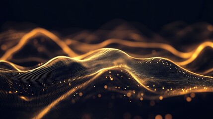 Poster - Abstract representation of golden waves and glowing particles creating a mesmerizing digital landscape, symbolizing data flow and technological advancement in a modern design aesthetic