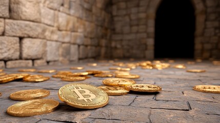 Poster - Concept of Bitcoin mining, digital Bitcoin cryptocurrency depicted with a pile of coins, stock illustration.