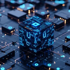 Poster - A blue background showcasing blockchain or cube technology, highlighting financial basic income and cryptocurrency mining. Blockchain network system. Stock picture.