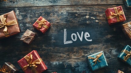 Poster - Gift boxes in various colors are beautifully arranged on a polished wooden table, encircling the word love written in chalk. This cozy setting evokes feelings of celebration and joy.