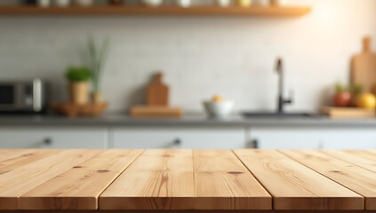 Aufkleber - Wooden tabletop blurred in focus on a kitchen counter background used for product display or key design visuals._00003_