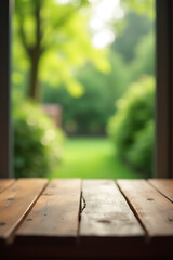 Aufkleber - Wooden table in a blurred green garden scene viewed through a window provides a selective focus on a domestic background._00003_