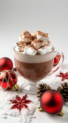 Wall Mural - Festive hot chocolate topped with fluffy marshmallows and cocoa powder in glass mug, surrounded by red Christmas ornaments, pine cones and artificial snow decorations.