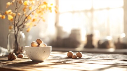 Wall Mural - Bowl of sugared nuts sitting on wooden table in sunlit kitchen