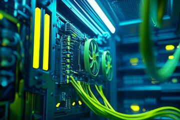 Poster - A Bitcoin mining farm houses ASIC mining equipment on racks, mining cryptocurrency within steel containers, representing a blockchain technology data center with server room lights.
