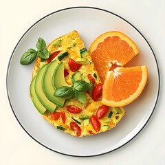 Wall Mural - Delicious vegetable omelet with avocado and orange slices on a plate.