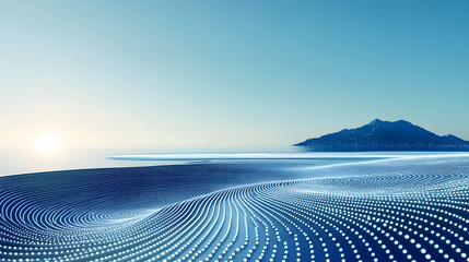Poster - A serene coastal landscape featuring rolling waves, dotted with light reflections, under a clear blue sky with a distant mountain