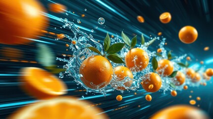 Wall Mural - a futuristic sci-fi style image of a set of fresh, delicious oranges splashing, dynamic and in motio