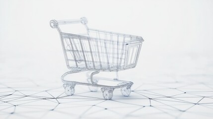 Poster - 3D Wireframe Representation of a Shopping Cart Symbolizing E-commerce and Online Shopping Trends in a Minimalistic Digital Environment