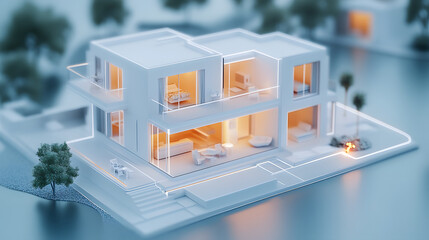 Fototapete - A modern, minimalist house by the water, featuring large windows, soft lighting, and a serene outdoor environment