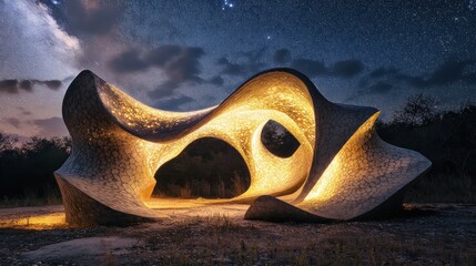 Poster - A sculptural structure illuminated at night, blending art and nature under a starry sky.