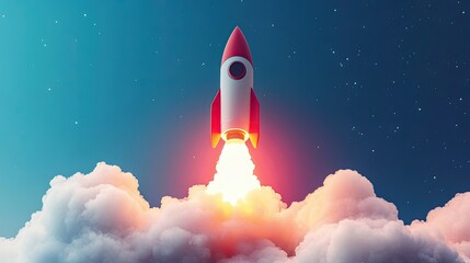 Poster - Illustrative Rocket Launching into Space with Bright Flames and Clouds Against a Starry Night Sky, Symbolizing Adventure, Exploration, and Innovation in Technology