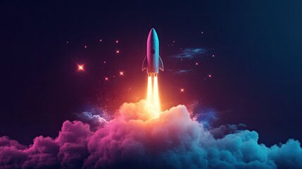 Poster - A Vibrant Rocket Launching into a Cosmic Sky Surrounded by Colorful Clouds and Sparkling Stars in a Stunning Digital Art Scene