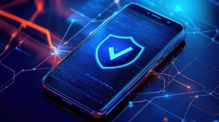 Poster - Abstract Concept of Mobile Security with Digital Shield on Smartphone Screen Representing Protection and Verification in Cybersecurity Environment