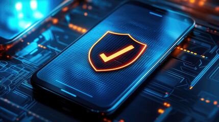 Poster - Digital security concept displayed on a smartphone with a shield symbol and check mark glowing against a futuristic technology background, representing protection and safety online