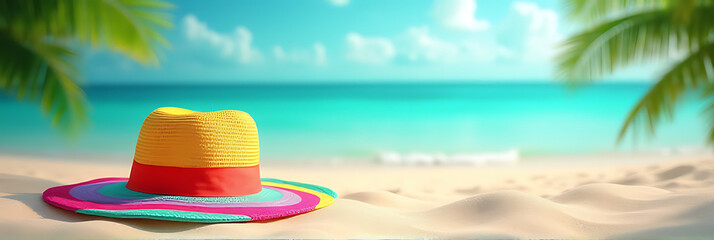 Poster - Tropical summer holiday concepts feature a colorful hat on a decorated beach in an abstract style with a banner background._00001_