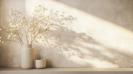 Poster - A serene arrangement of dried branches in minimalist vases casting soft shadows on a wall.