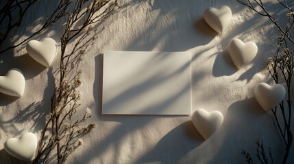Poster - Soft light filters through, casting shadows on a blank card placed centrally. White heart shapes and dried flowers create a serene, romantic atmosphere, ideal for heartfelt messages or invitations.