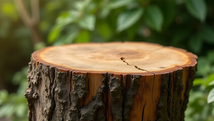 Poster - tree stump serves as unique and rustic tabletop for creating visually appealing product displays and designing key visuals effectively outdoors._00003_