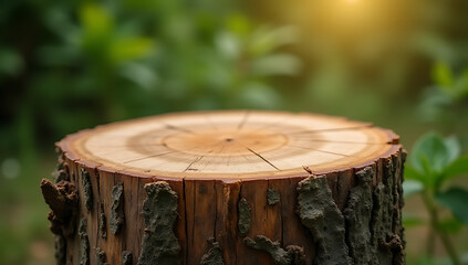 Poster - tree stump serves as unique and rustic tabletop for creating visually appealing product displays and designing key visuals effectively outdoors._00002_