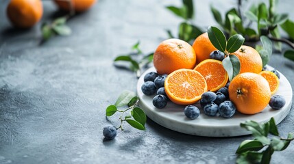 Poster - Fresh tangerines and blueberries creating a colorful and healthy treat on marble tray