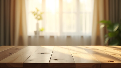 Aufkleber - The wooden table top was empty in front of a blurred curtain, its sunlight casting an unclear glow in the room._00003_